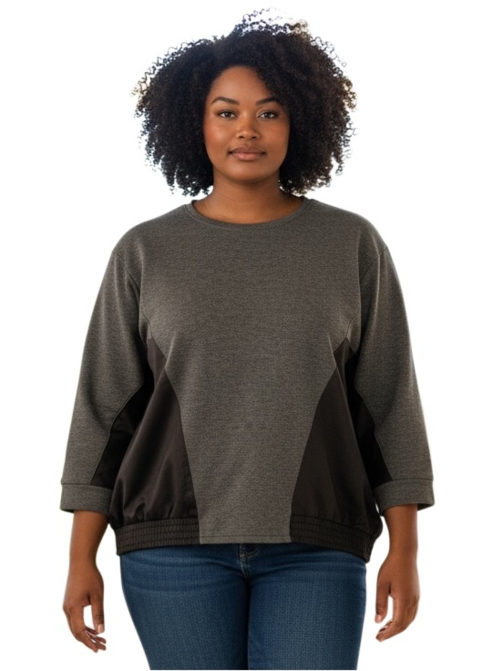 HALSTON STUDIO Gray Black Color Block Long Sleeve Sweatshirt Top Women’s